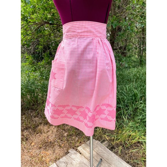 Vintage 1950s Half Apron Pink Gingham Check Smocked Stars Farmhouse - Picture 13 of 16